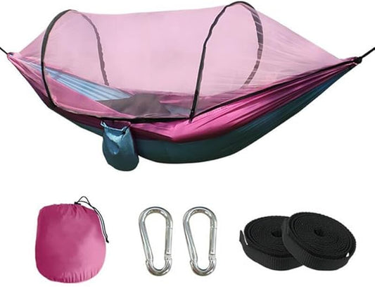 Fully Automatic Speed-Open Hammock with Net, Portable Travel Camping Hammock, Heavy Duty Parachute Nylon Material 650LBS Load Capacity for Camping, Travel, Beach, Yard (Pink)