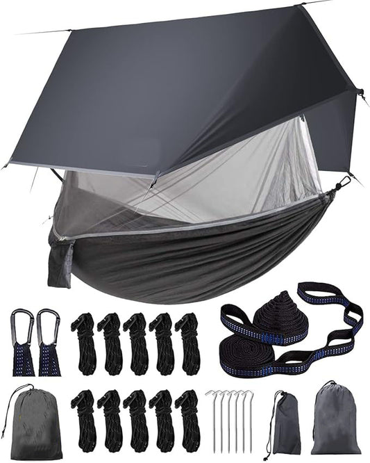 Camping Hammock with Net and Rain Fly, Portable Lightweight Outdoor Hammock Tree Travel Backpacking Hammock Tent with 20Ft(Total) Tree Straps, Perfect for Camping Hiking Yard Adventure Survival