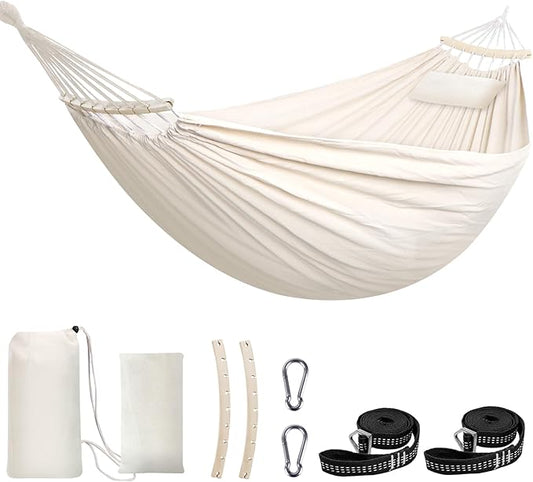 Cotton Hammock Large Soft Breathable Camping Hammock Holds Up to 660lbs Portable Tree Hammocks with Detachable Spreader Bar Pillow 2 Strong Webbings 2 Carabiners Patio Garden Indoor Outdoor