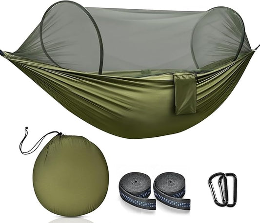 Camping Hammock with Mosquito Net, Lightweight Portable Double & Single Hammock Tent with 2 Tree Straps, Parachute Nylon Hammock for Outdoor Backpacking Beach Backyard Patio Hiking