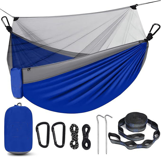 Camping Hammock with Net,Portable Lightweight Double Hammocks with Tree Straps and Solid D-Shape Carabiners,Parachute Nylon Hammock for Backpacking Beach Backyard Patio Hiking Blue&Grey
