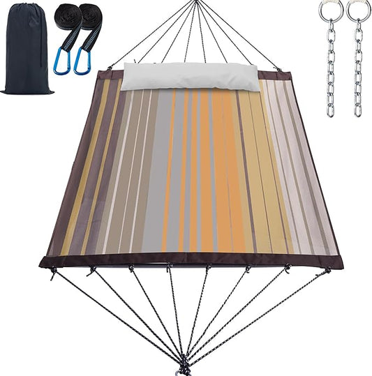 14ft Two Person Outdoor Hammock, Portable Camping with Folding Steel Spreader Bar, Carrying Bag, Carabiners, Tree Straps, Pillow & Sidebag, Quick Dry Textilene, 550 lbs Capacity (Coffee)