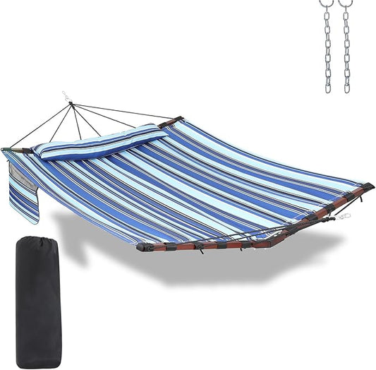 12FT 2 Person Hammock Large Hammock 450LB Capacity with V Shaped Hardwood Spreader Bar & Nylon Rope for Outside, Patio, Garden, Backyard, Beach, Poolside - Blue Stripes